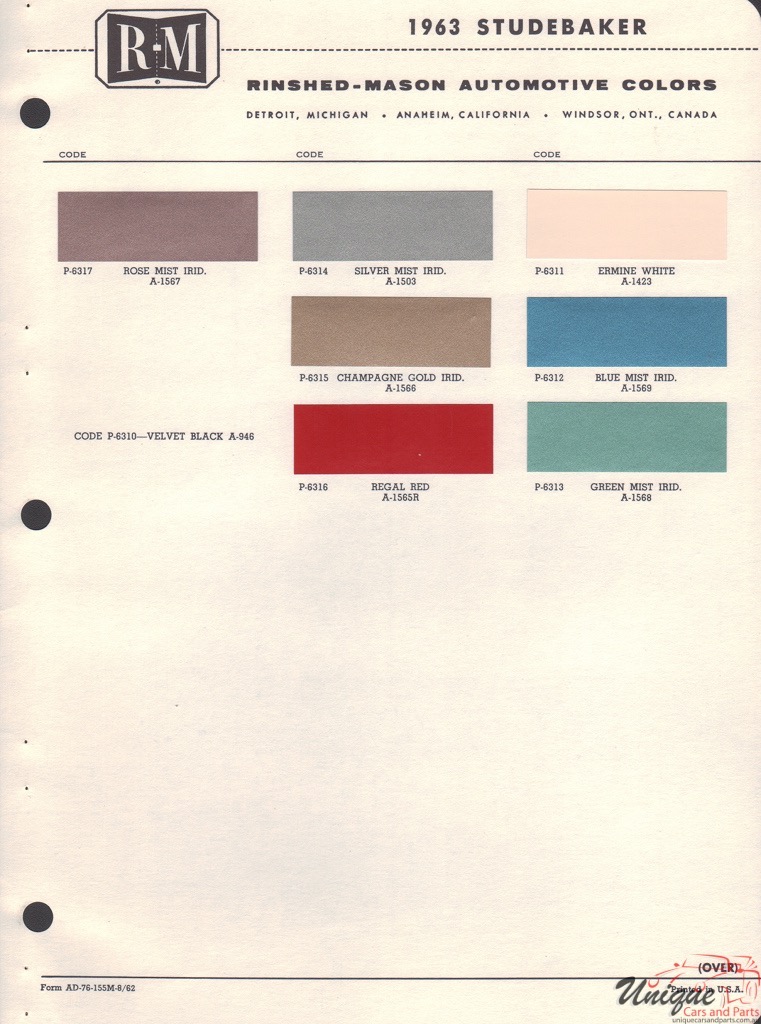 1963 Studebaker Paint Charts RM